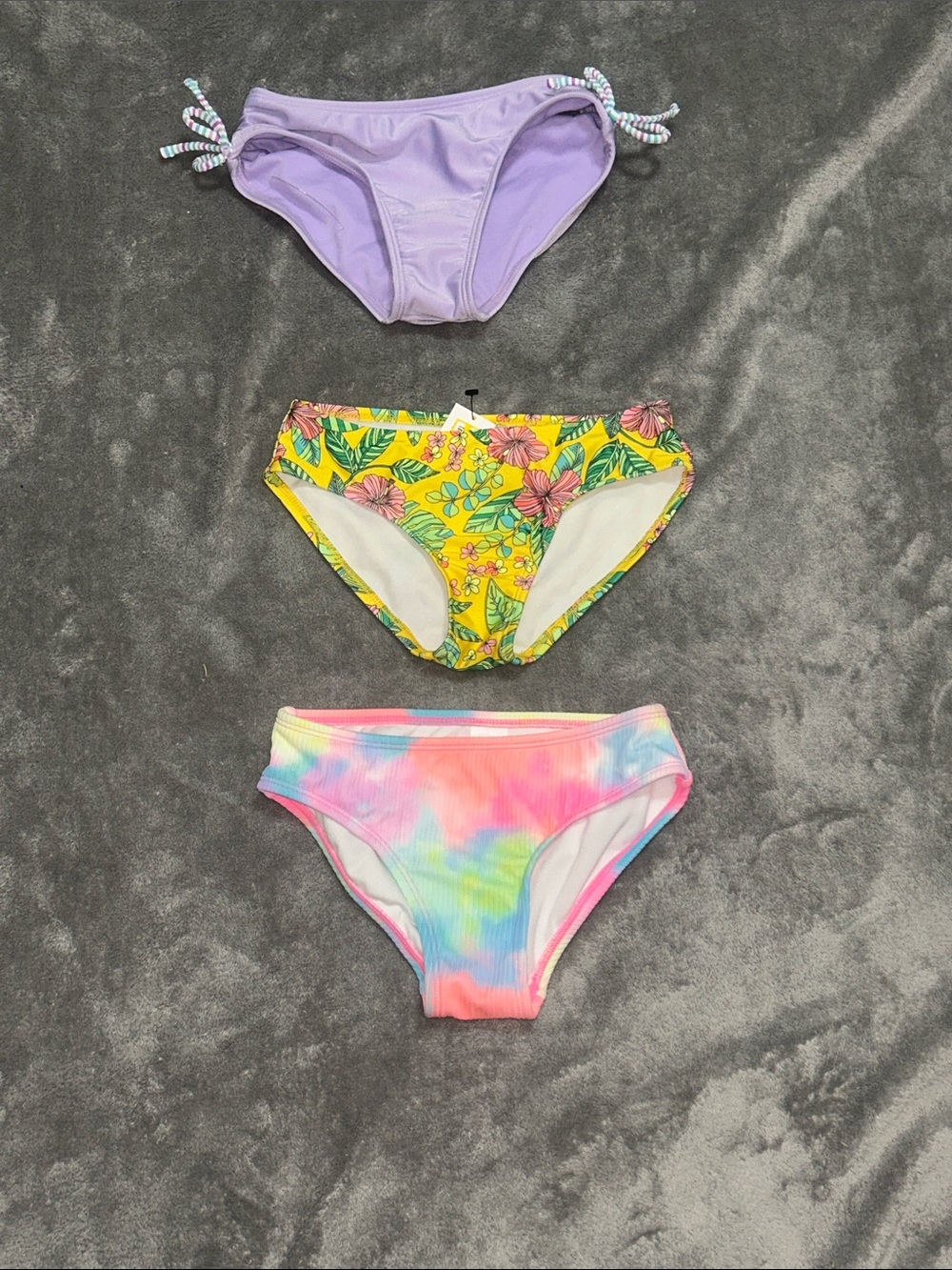 Girls' 3-Pack Swim Bikini Bottoms - Purple, Yellow Floral, Pastel Tie-Dye